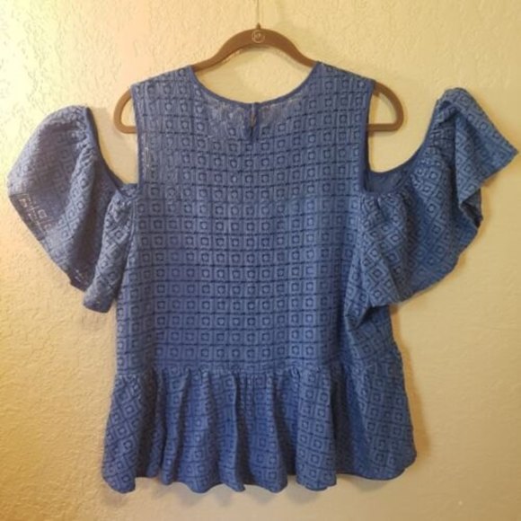 Masseys Tops - Masseys Women's Blue Crocheted Cold-Shoulder Ruffled Blouse Size 2X